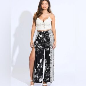Wide leg border wrap pants, black floral, NWT, size S, black and cream, comfy